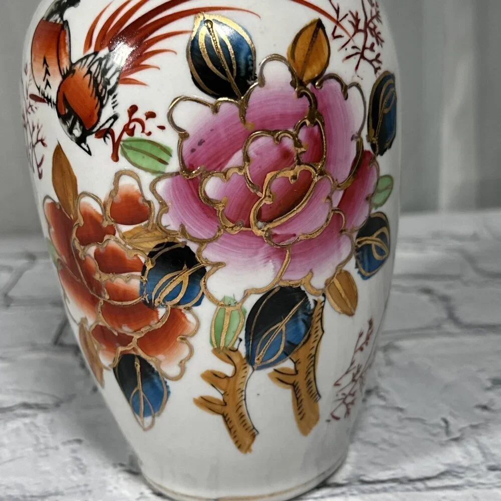 Vintage Floral Bird Hand Painted Chinese Porcelain Vase 8”